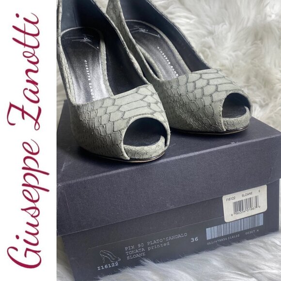 GIUSEPPE ZANOTTI Sloane Snake Print Peep Toe Stiletto Platform Heels Gray, 36 - Picture 8 of 10